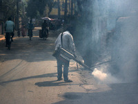 A municipal worker is fumigating a residential area to prevent the spread of diseases carried by mosquitoes and fleas in Siliguri, India, on...