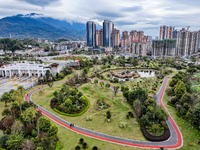 An aerial photo is showing a pocket park near a highway toll station in Guang'an, China, on March 18, 2024. (