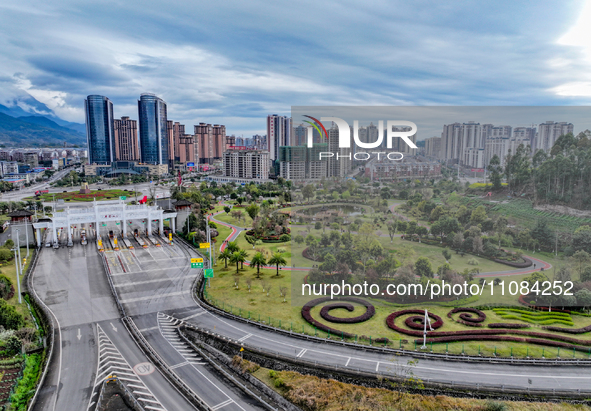 An aerial photo is showing a pocket park near a highway toll station in Guang'an, China, on March 18, 2024. 