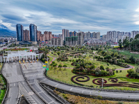 An aerial photo is showing a pocket park near a highway toll station in Guang'an, China, on March 18, 2024. (