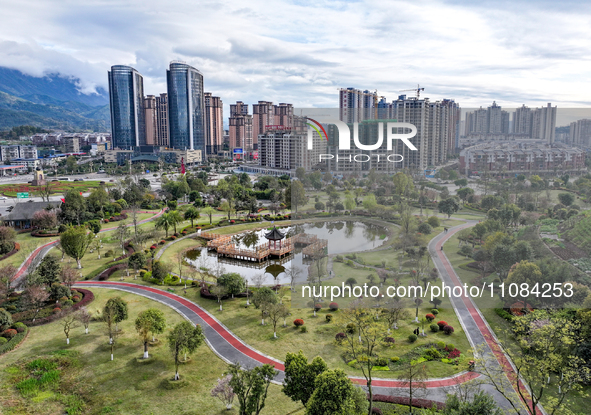 An aerial photo is showing the ''pocket park'' in the north of Guang'an City, Sichuan Province, China, on March 18, 2024. 