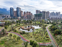 An aerial photo is showing the ''pocket park'' in the north of Guang'an City, Sichuan Province, China, on March 18, 2024. (