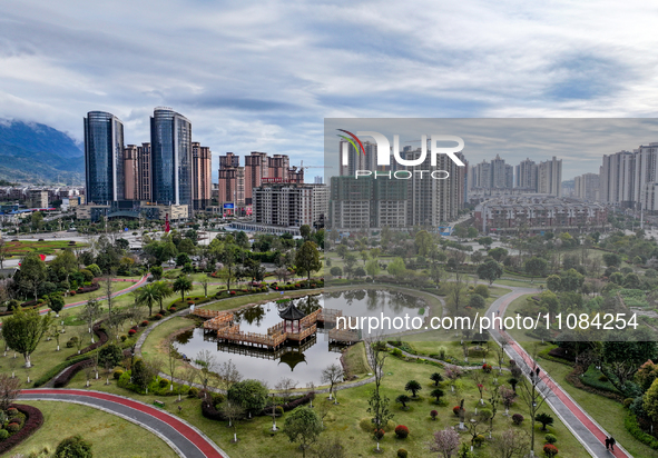 An aerial photo is showing the ''pocket park'' in the north of Guang'an City, Sichuan Province, China, on March 18, 2024. 