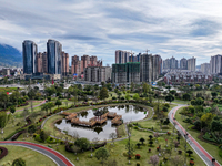 An aerial photo is showing the ''pocket park'' in the north of Guang'an City, Sichuan Province, China, on March 18, 2024. (