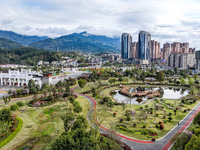 An aerial photo is showing a pocket park near a highway toll station in Guang'an, China, on March 18, 2024. (