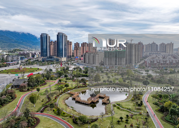 An aerial photo is showing the ''pocket park'' in the north of Guang'an City, Sichuan Province, China, on March 18, 2024. 