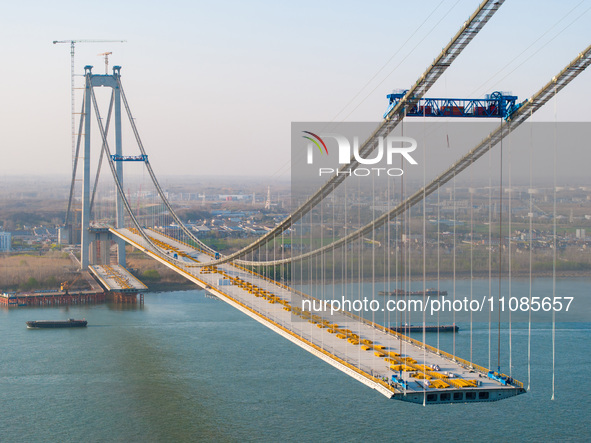 The Longtan Yangtze River Bridge is under construction in Nanjing, Jiangsu Province, China, on March 19, 2024. 