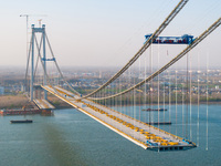 The Longtan Yangtze River Bridge is under construction in Nanjing, Jiangsu Province, China, on March 19, 2024. (