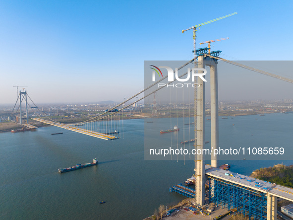 The Longtan Yangtze River Bridge is under construction in Nanjing, Jiangsu Province, China, on March 19, 2024. 