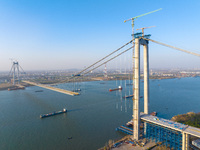 The Longtan Yangtze River Bridge is under construction in Nanjing, Jiangsu Province, China, on March 19, 2024. (