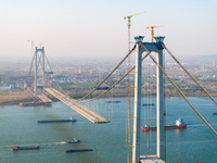 The Longtan Yangtze River Bridge is under construction in Nanjing, Jiangsu Province, China, on March 19, 2024. (