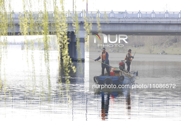 Cleaners are cleaning garbage on the Bian River to mark the upcoming World Water Day in Suqian, Jiangsu Province, China, on March 20, 2024. 