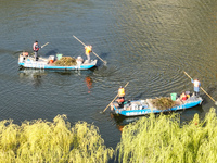 Cleaners are cleaning garbage on the Bian River to mark the upcoming World Water Day in Suqian, Jiangsu Province, China, on March 20, 2024....