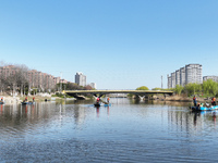 Cleaners are cleaning garbage on the Bian River to mark the upcoming World Water Day in Suqian, Jiangsu Province, China, on March 20, 2024....