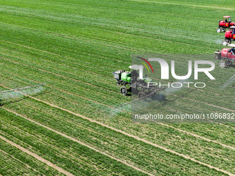 Farmers are spraying on a family ecological farm in Zouping, Shandong Province, China, on March 20, 2024. (