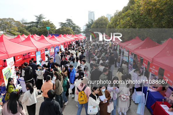 College students are looking for jobs at a spring job fair at Siyuan Square on the Xiangshan campus of Huaibei Normal University in Huaibei,...