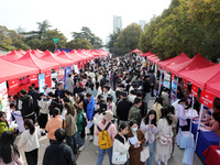 College students are looking for jobs at a spring job fair at Siyuan Square on the Xiangshan campus of Huaibei Normal University in Huaibei,...