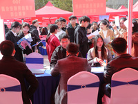 College students are looking for jobs at a spring job fair at Siyuan Square on the Xiangshan campus of Huaibei Normal University in Huaibei,...