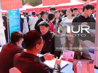 College students are looking for jobs at a spring job fair at Siyuan Square on the Xiangshan campus of Huaibei Normal University in Huaibei,...