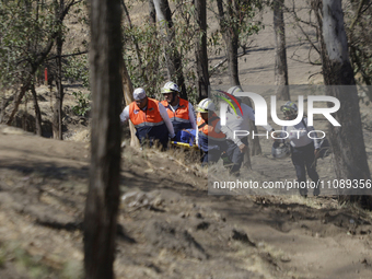 Members of Civil Protection are rescuing a person who suffered a fall while climbing Cerro de la Estrella in the Iztapalapa mayor's office i...