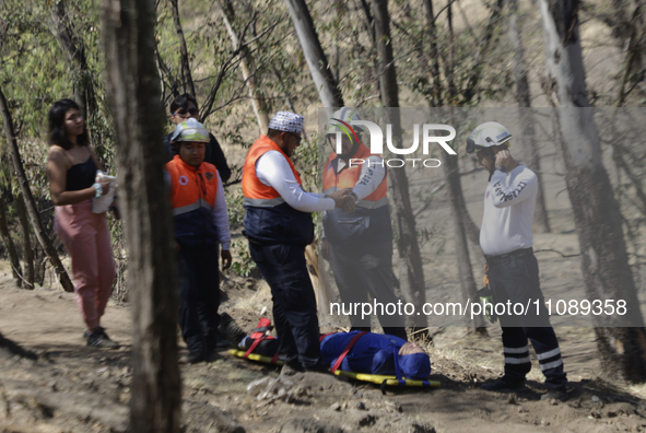 Members of Civil Protection are rescuing a person who suffered a fall while climbing Cerro de la Estrella in the Iztapalapa mayor's office i...