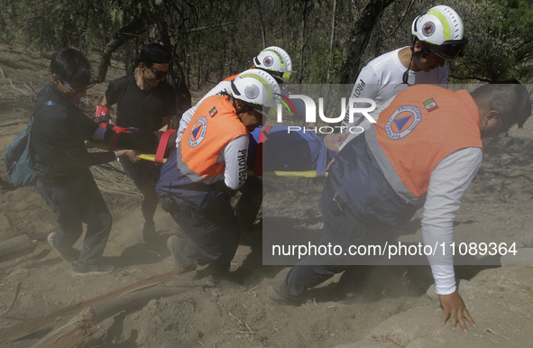 Members of Civil Protection are rescuing a person who suffered a fall while climbing Cerro de la Estrella in the Iztapalapa mayor's office i...