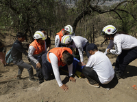 Members of Civil Protection are rescuing a person who suffered a fall while climbing Cerro de la Estrella in the Iztapalapa mayor's office i...