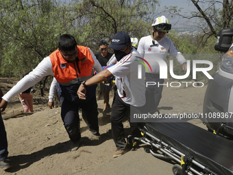 Members of Civil Protection are rescuing a person who suffered a fall while climbing Cerro de la Estrella in the Iztapalapa mayor's office i...