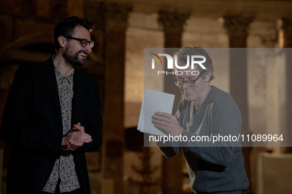 Poet Gabriele Tinti and actor Willem Dafoe are reading the poems by Gabriele Tinti at The Pantheon in Rome, Italy, on March 21, 2024. 