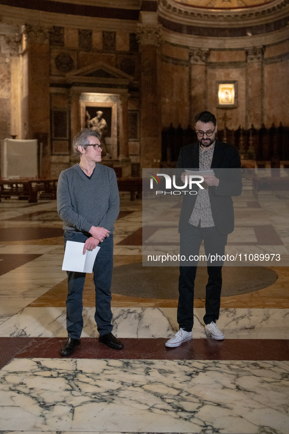 Poet Gabriele Tinti and actor Willem Dafoe are reading the poems by Gabriele Tinti at The Pantheon in Rome, Italy, on March 21, 2024. 