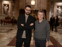 Poet Gabriele Tinti and actor Willem Dafoe are reading the poems by Gabriele Tinti at The Pantheon in Rome, Italy, on March 21, 2024. (