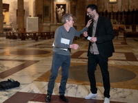 Poet Gabriele Tinti and actor Willem Dafoe are reading the poems by Gabriele Tinti at The Pantheon in Rome, Italy, on March 21, 2024. (