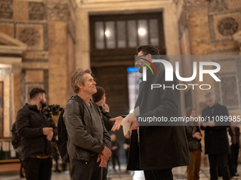 Poet Gabriele Tinti and actor Willem Dafoe are reading the poems by Gabriele Tinti at The Pantheon in Rome, Italy, on March 21, 2024. (