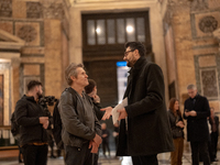 Poet Gabriele Tinti and actor Willem Dafoe are reading the poems by Gabriele Tinti at The Pantheon in Rome, Italy, on March 21, 2024. (