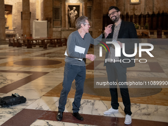 Poet Gabriele Tinti and actor Willem Dafoe are reading the poems by Gabriele Tinti at The Pantheon in Rome, Italy, on March 21, 2024. (