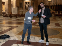 Poet Gabriele Tinti and actor Willem Dafoe are reading the poems by Gabriele Tinti at The Pantheon in Rome, Italy, on March 21, 2024. (