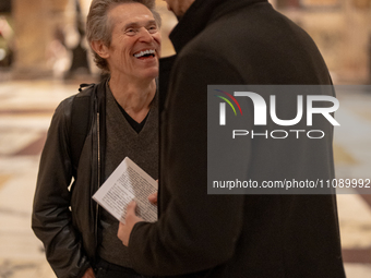 Poet Gabriele Tinti and actor Willem Dafoe are reading the poems by Gabriele Tinti at The Pantheon in Rome, Italy, on March 21, 2024. (