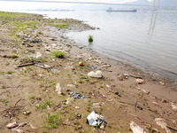 Debris is floating downstream, brought by the 2023 Yangtze River flood, near the Linjiangxi Bridge in Yichang on the Yangtze River in Yichan...