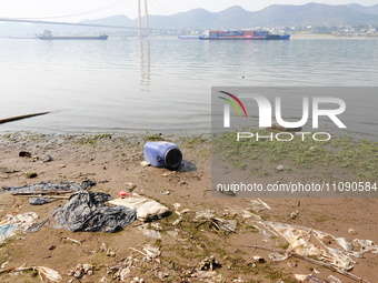 Debris is floating downstream, brought by the 2023 Yangtze River flood, near the Linjiangxi Bridge in Yichang on the Yangtze River in Yichan...