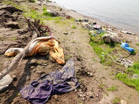 Debris is floating downstream, brought by the 2023 Yangtze River flood, near the Linjiangxi Bridge in Yichang on the Yangtze River in Yichan...