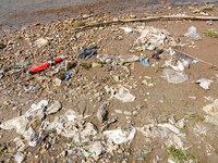 Debris is floating downstream, brought by the 2023 Yangtze River flood, near the Linjiangxi Bridge in Yichang on the Yangtze River in Yichan...