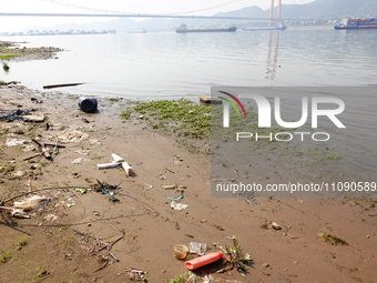 Debris is floating downstream, brought by the 2023 Yangtze River flood, near the Linjiangxi Bridge in Yichang on the Yangtze River in Yichan...