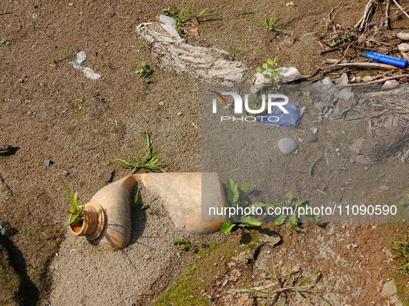 Debris is floating downstream, brought by the 2023 Yangtze River flood, near the Linjiangxi Bridge in Yichang on the Yangtze River in Yichan...