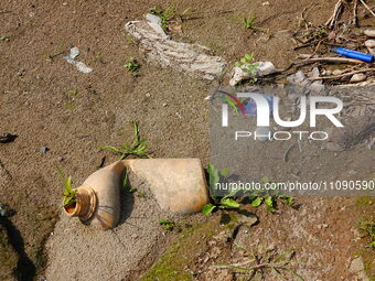 Debris is floating downstream, brought by the 2023 Yangtze River flood, near the Linjiangxi Bridge in Yichang on the Yangtze River in Yichan...