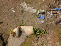 Debris is floating downstream, brought by the 2023 Yangtze River flood, near the Linjiangxi Bridge in Yichang on the Yangtze River in Yichan...