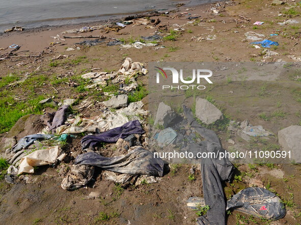 Debris is floating downstream, brought by the 2023 Yangtze River flood, near the Linjiangxi Bridge in Yichang on the Yangtze River in Yichan...