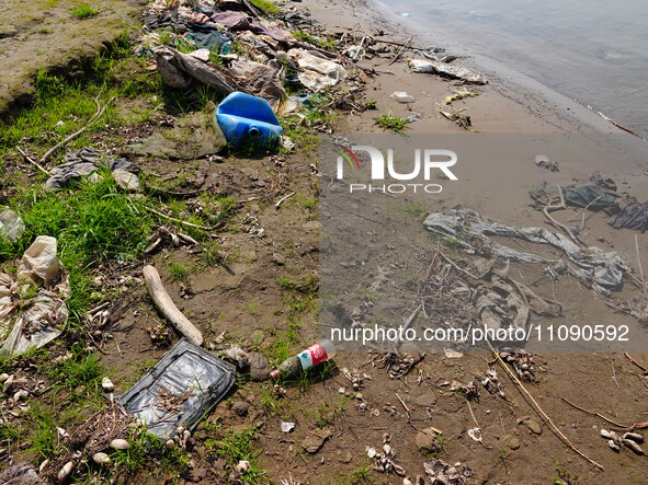 Debris is floating downstream, brought by the 2023 Yangtze River flood, near the Linjiangxi Bridge in Yichang on the Yangtze River in Yichan...