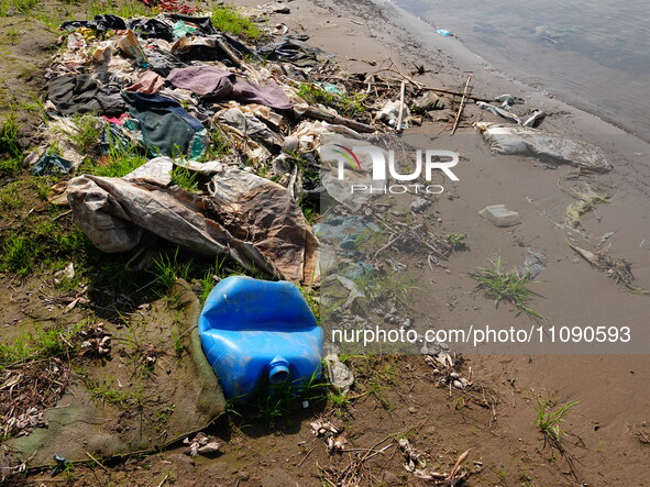 Debris is floating downstream, brought by the 2023 Yangtze River flood, near the Linjiangxi Bridge in Yichang on the Yangtze River in Yichan...