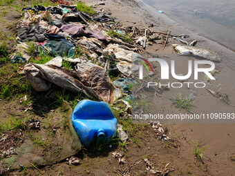 Debris is floating downstream, brought by the 2023 Yangtze River flood, near the Linjiangxi Bridge in Yichang on the Yangtze River in Yichan...