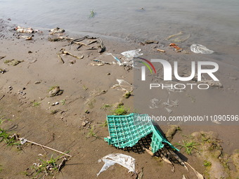 Debris is floating downstream, brought by the 2023 Yangtze River flood, near the Linjiangxi Bridge in Yichang on the Yangtze River in Yichan...